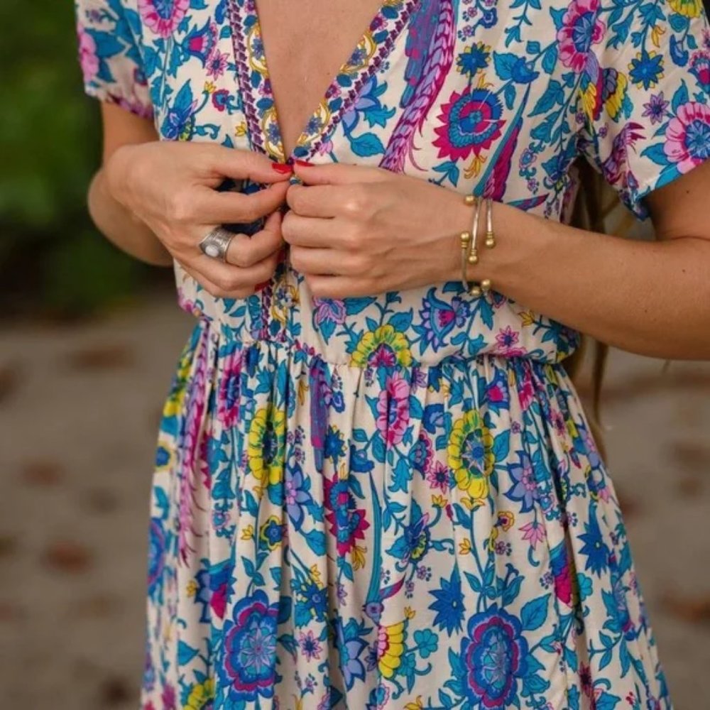 Mora Floral Bird Boho Mini Dress M - Picture 2 of 16